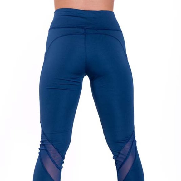 High-Waisted & Mash Panel Gym and Yoga Leggings with Side Pockets Denim Blue - Picture 6 of 6